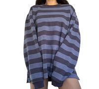 Womens Y2k Striped Grunge Shirts Oversized Long Sleeve Sweatshirt 2000s Vintage Harajuku Teens Girls Tee Tops Streetwear (Retro Blue, L)