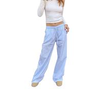 Women's Y2K Striped Linen Palazzo Pants - Loose Leisure Checked Wide Leg Lounge Pants With Elastic Waist and Drawstring - Comfortable Casual Streetwear Pyjamas