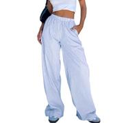 Women's Y2K Striped Linen Pants Loose Leisure Pants Checked Palazzo Pants With Elastic Waist Casual Wide Leg Pyjama Pants Lounge Pants Comfortable Drawstring Pants Casual Sleeping Pants Streetwear
