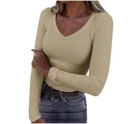 Women's Y2K Tops Sexy V Neck Slim Fit T-Shirt Crop Tops for Women Summer Basic Tee Shirt Y2K Clothes Long Sleeve Tshirts Ladies Solid Color Soft Comfy Blouse UK Sale Clearance Khaki