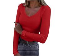 Women's Y2K Tops Sexy V Neck Slim Fit T-Shirt Crop Tops for Women Summer Basic Tee Shirt Y2K Clothes Long Sleeve Tshirts Ladies Solid Color Soft Comfy Blouse Red