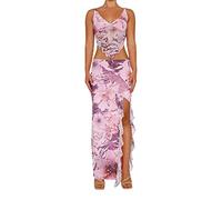Womens Y2K Two Piece Tie Dye Summer Skirt Set Girls Sexy Halter Neck Patchwork Tops+A-Line Bodycon Skirt 2Pcs Streetwear (Chic Pink Set, S)