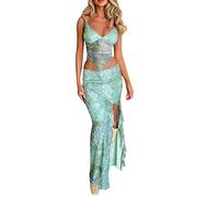 Womens Y2K Two Piece Tie Dye Summer Skirt Set Girls Sexy Halter Neck Patchwork Tops+A-Line Bodycon Skirt 2Pcs Streetwear (Chic Green Set, S)