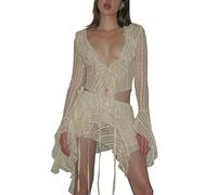 Womens Y2K Two Piece Tie Dye Summer Skirt Set Girls Sexy Halter Neck Patchwork Tops+A-Line Bodycon Skirt 2Pcs Streetwear (Ruffles Beige, S)