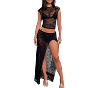Womens Y2K Two Piece Tie Dye Summer Skirt Set Girls Sexy Halter Neck Patchwork Tops+A-Line Bodycon Skirt 2Pcs Streetwear (H Black, S)