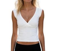 Women's Y2K Wrap V Neck Cap Sleeve Crop Top Cute Ruched Bust Slim Fit Baby Tee for Casual Streetwear (White, S)