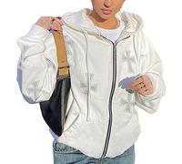 Women's Y2k Zip Up Hoodie Aesthetic Graphic Hooded Sweatshirt Rhinestone Skeleton Pullover E-Girl 90s Streetwear Jacket (C-White, XL)