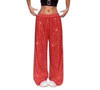 Womens Y2KGlitter Sequin Pants Sparkly Disco Flare Party Hip hop Dancewear Fashion Solid Color Sequin Shiny Glimmer Trousers 70s Elegant Baggy Straight Leg Pants Bottoms (3-Red, M)