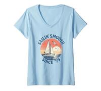 Womens Yacht Rock Sailboat Smooth Sailing Retro Sunset Since 1979 V-Neck T-Shirt