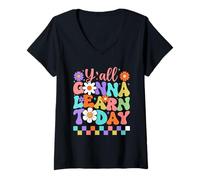 Womens Y'all Gonna Learn Today Colorful Back to School V-Neck T-Shirt