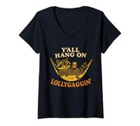 Womens Y'All Hang On Funny Dilly Dally Lollygaggin' Lazy Raccoon V-Neck T-Shirt