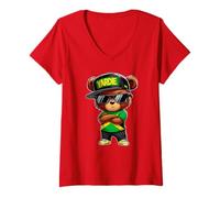 Womens YARDIE Teddy Bear Jamaica Flag Proud Jamaican V-Neck T-Shirt