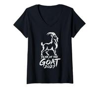 Women's Year of The Goat 2027 White Goat Silhouette V-Neck T-Shirt