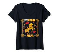 Womens Year of The Horse 2026 Chinese New Year Lunar Zodiac Vintage V-Neck T-Shirt