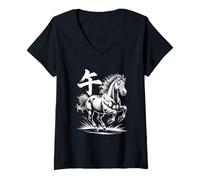 Womens Year of The Horse Japanese Zodiac Outfit Astrology V-Neck T-Shirt