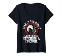 Womens Year of The Horse Strength and Fortune 2026 V-Neck T-Shirt