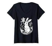 Womens Year of The Rabbit Japanese Zodiac Outfit Astrology V-Neck T-Shirt