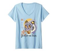 Womens Year of the Tiger Chinese Zodiac Blue Tiger Detailed Art V-Neck T-Shirt
