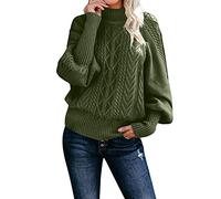 Women's Yellow Knitted Pullover with Medium Neck Loose Long Sleeve Plain Pullover Sweatshirt Light Blue Pullover Women's with Puff Sleeves, Green, L