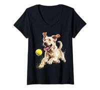 Womens Yellow Labrador Chasing Tennis Ball Dog V-Neck T-Shirt