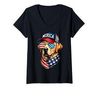 Womens Yellow Labrador Retriever 4th of July Merica USA Flag Lab V-Neck T-Shirt