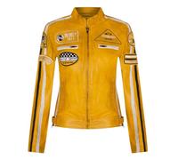 Womens Yellow Leather Biker Casual Racing Moto Badges Jacket