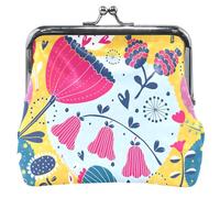 Women's Yellow Nature Floral Leather Coin Purse with Kiss Buckle Small Coin Purse Floral Nature Yellow Classic, Floral Nature Yellow, Classic