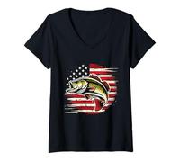 Women's Yellow Perch Fishing American Pride Adventure V-Neck T-Shirt
