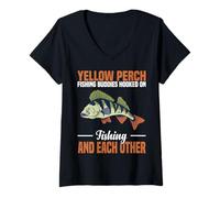 Womens Yellow Perch Fishing Buddies Hooked On Each Other V-Neck T-Shirt