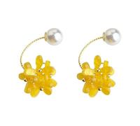 Women's Yellow Resin Flower Earrings, Pearl Accent Alloy Ear Jackets, Double-Sided Stud Earrings for Daily & Summer Wear