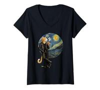Women's Yellow Tabby Cat Smoking Starry Night Scene Van Gogh Fun V-Neck T-Shirt