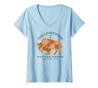 Womens Yellowstone Dutton Ranch Montana USA Flowered Bison V-Neck T-Shirt