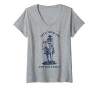 Women's Yellowstone Navy Cowboy Dutton Ranch Distressed V-Neck T-Shirt, Heather Grey, Medium