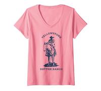 Women's Yellowstone Navy Cowboy Dutton Ranch Distressed V-Neck T-Shirt, Pink, XX-Large