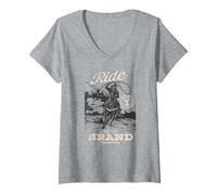 Womens Yellowstone Ride for The Brand Distressed Cowboy Portrait V-Neck T-Shirt