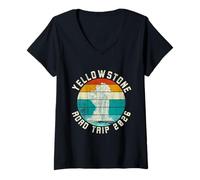 Womens Yellowstone Trip 2026 Retro Sunset Geyser V-Neck T-Shirt