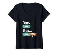 Women's Yes But Sleeping Cat Meme Behavior Humor V-Neck T-Shirt