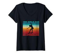 Womens Yes Girls Can Skateboard V-Neck T-Shirt