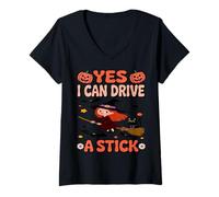 Womens Yes I Can Drive A Stick Funny Halloween Kids Witch Apparel V-Neck T-Shirt