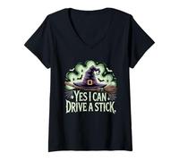 Womens Yes I Can Drive A Stick Halloween Witch Spooky Broomstick V-Neck T-Shirt