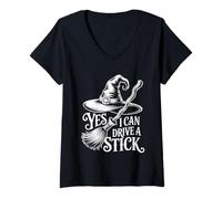 Womens Yes I Can Drive A Stick Halloween Witch Spooky Broomstick V-Neck T-Shirt
