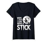 Womens Yes I Can Drive A Stick Halloween Witch Spooky Broomstick V-Neck T-Shirt
