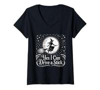 Womens Yes I Can Drive A Stick Halloween Witch Spooky Broomstick V-Neck T-Shirt