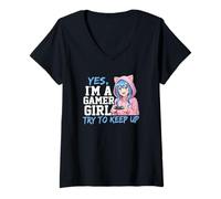 Womens Yes I'm A Gamer Girl Try to Keep Up Fun Anime Style Graphic V-Neck T-Shirt