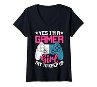 Womens Yes I'm A Gamer Girl Try to Keep Up Fun V-Neck T-Shirt
