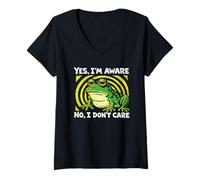 Women's Yes, I'm Aware No, I Don't Care - Defiant Frog Apathy Meme V-Neck T-Shirt