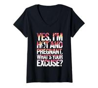 Womens Yes I'm Hot And Pregnant What's Your Excuse Summer Pregnancy V-Neck T-Shirt