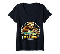 Women's Yes It's Still My Turn Funny Slow Sloth Playing Boardgames V-Neck T-Shirt