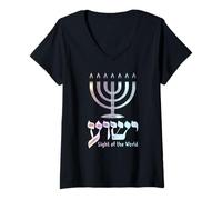 Womens Yeshua Light of the World Hebrew Menorah V-Neck T-Shirt