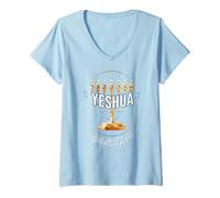 Women's Yeshua Light of the World with Menorah V-Neck T-Shirt
